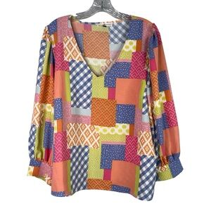 Michelle McDowell Top Women’s L Colorful Patchwork Coral Aspen Blouse V-Neck‎